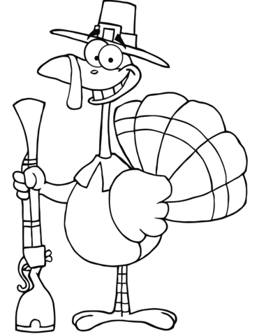 Happy Turkey With Pilgrim Hat And Musket Coloring Page